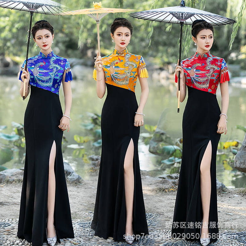 2025新款旗袍演出服复古长款刺绣凤鱼尾裙修身礼仪走秀表演裙大码