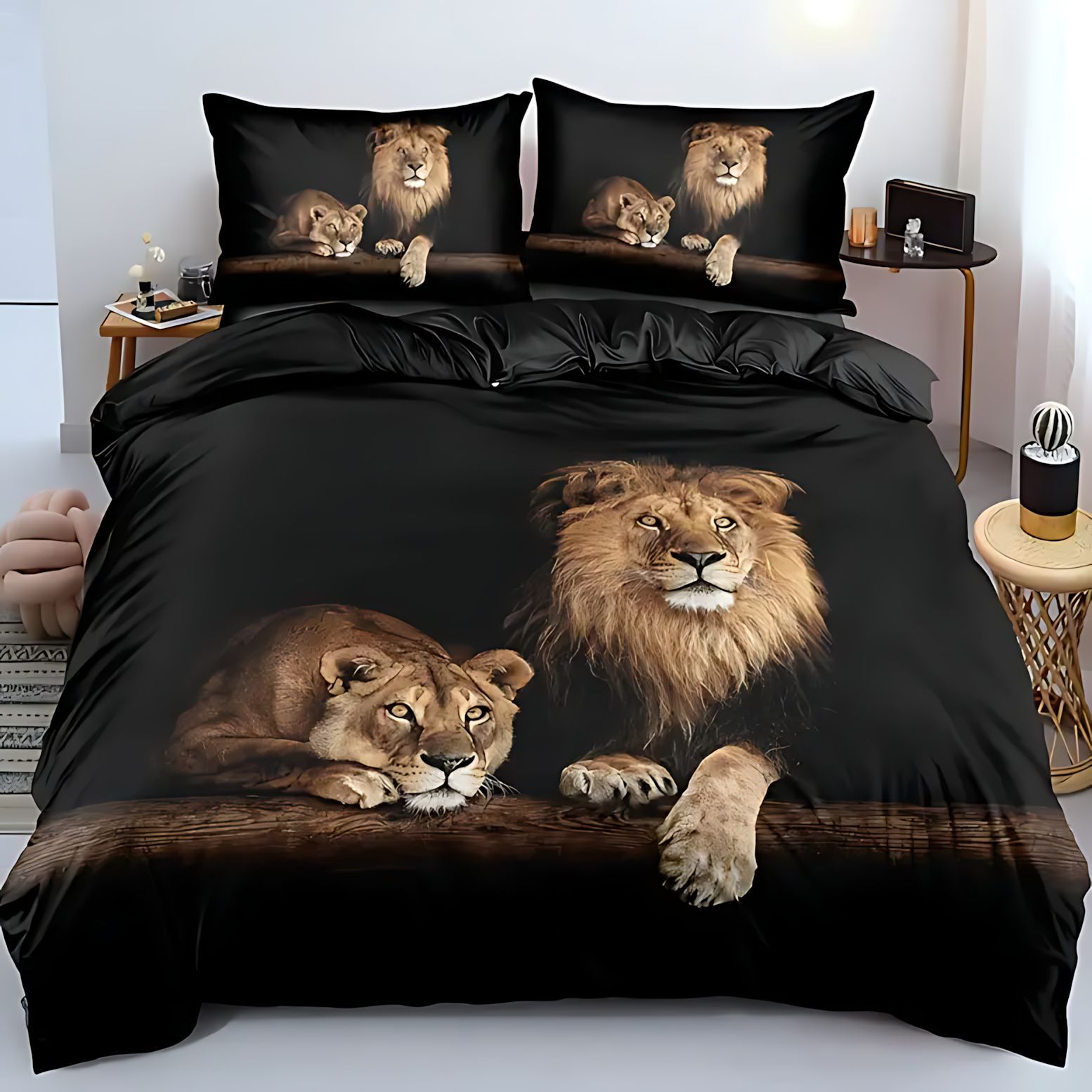 TEMU / JIT patrón de león impresión digital 3D colcha de cama set fuente fabricante puede hacer dibujos