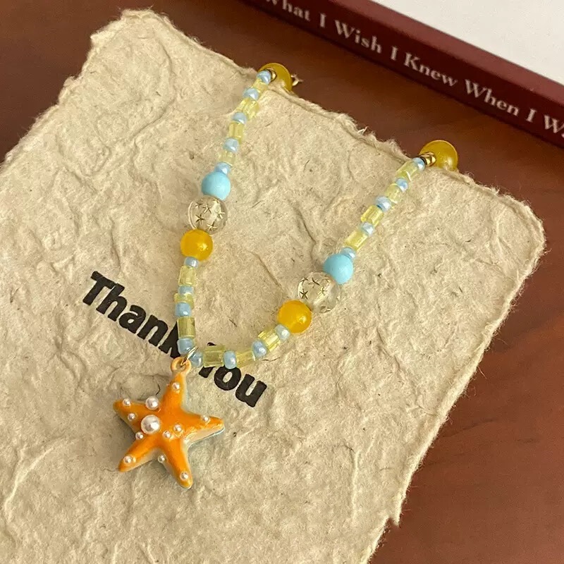 Orange Sea Under Sunset ~ Seaside Holiday Style Orange Starfish Beaded Necklace New Style Personality Sweet Niche Chain