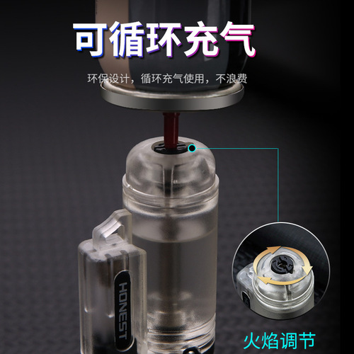 Baicheng transparent three-stroke powerful lighter, outdoor fire portable smoking set, blue flame cigar inflatable lighter batch