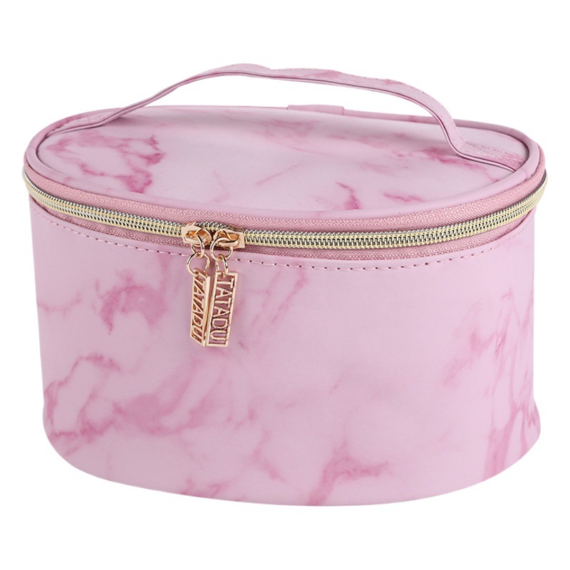 Rosa mate moda bolsa de cosméticos portátil de gran capacidad de mano bolsa de almacenamiento de cuero de la PU de las mujeres bolsa de cosméticos