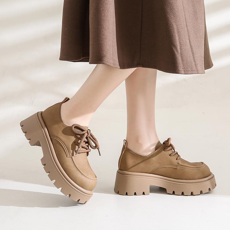 Vintage Brown Loafers for Women 2025 Spring New Thick-Soled Versatile British Style Lace-Up Height-Increasing Casual Leather Shoes