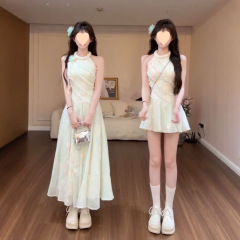 ジャスミンフレンチスイートグリーンサマーノースリーブドレスニッチデザインスリムショートウエスト不規則ロングスカート