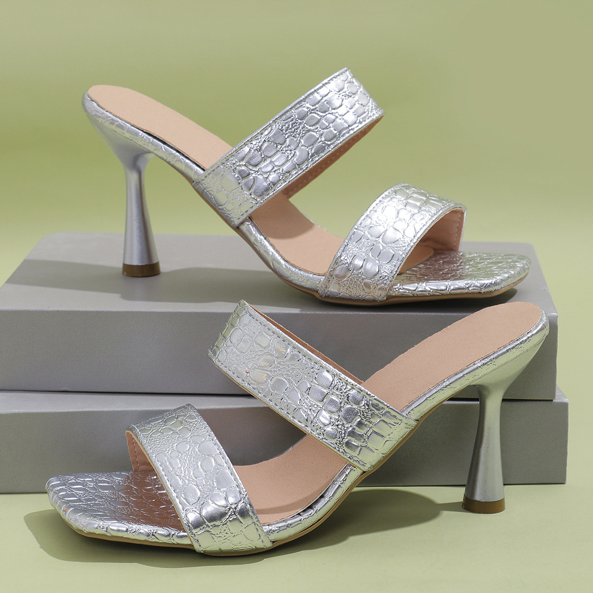 Square head solid color high heel slippers women African fashion one line sandals women Women Heels Slippers_autovado.com