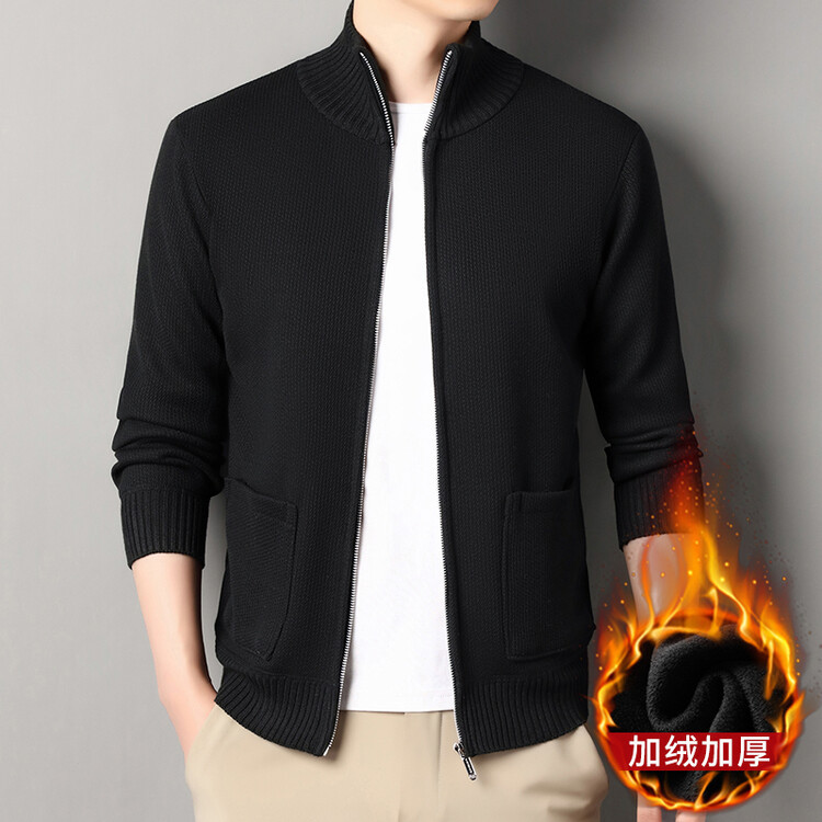 Hombres de lana primavera / otoño / invierno cardigan de punto de mediana edad ocio cálido coreano color sólido suéter de cuello alto chaqueta grande