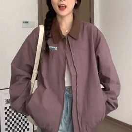 紫色外套女春秋季新款韩系早秋穿搭百搭休闲翻领工装夹克上衣外贸
