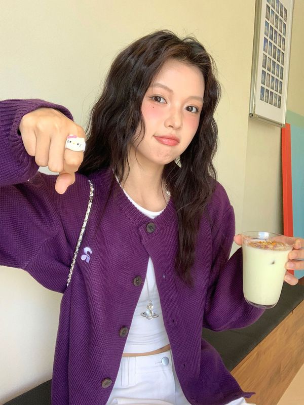 超显白紫色毛衣开衫外套女长袖2025秋季新款休闲宽松针织开衫上衣|undefined