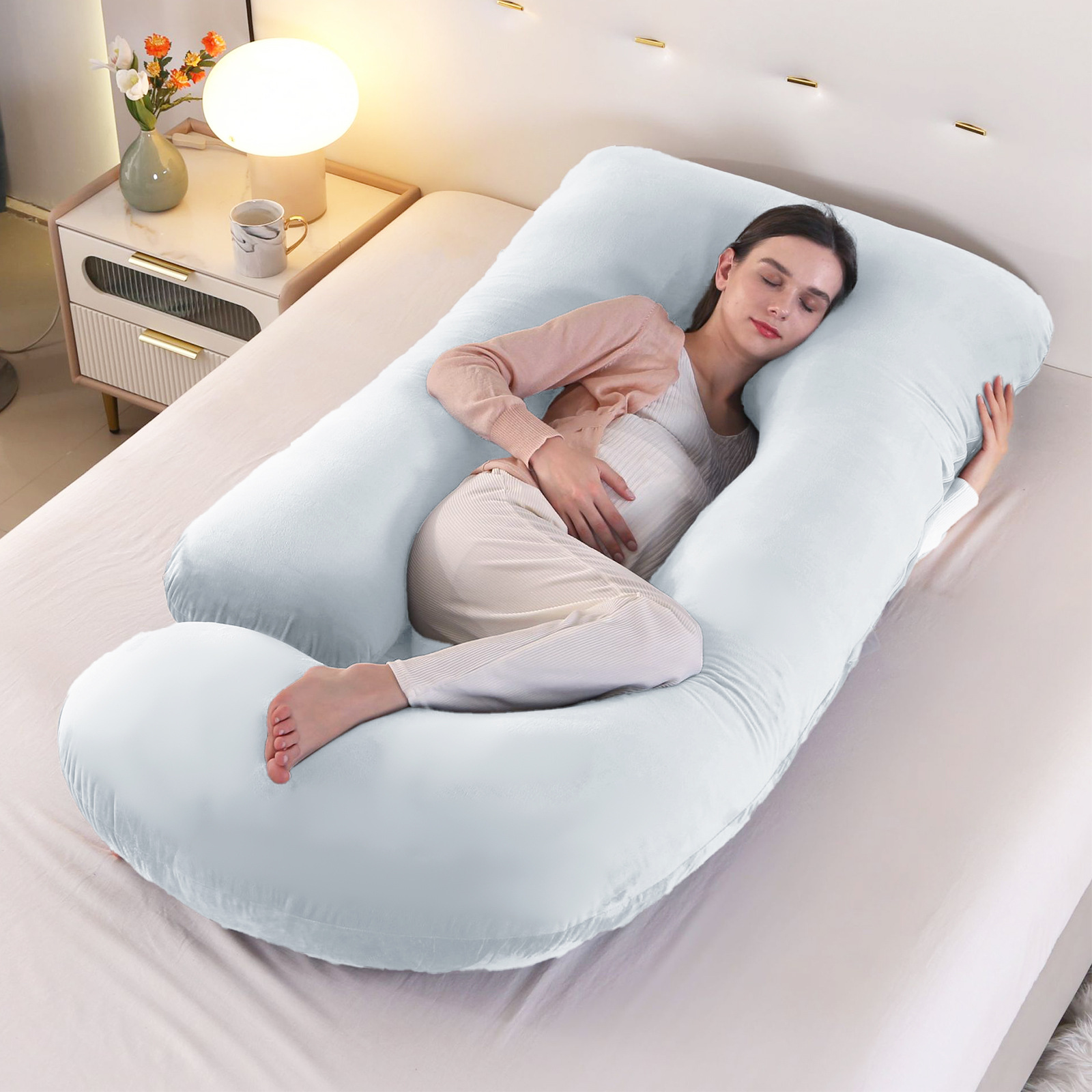 Almohada transfronteriza en forma de U para mujeres embarazadas, almohada lateral para dormir, almohada multifuncional para dormir durante el embarazo, extraíble