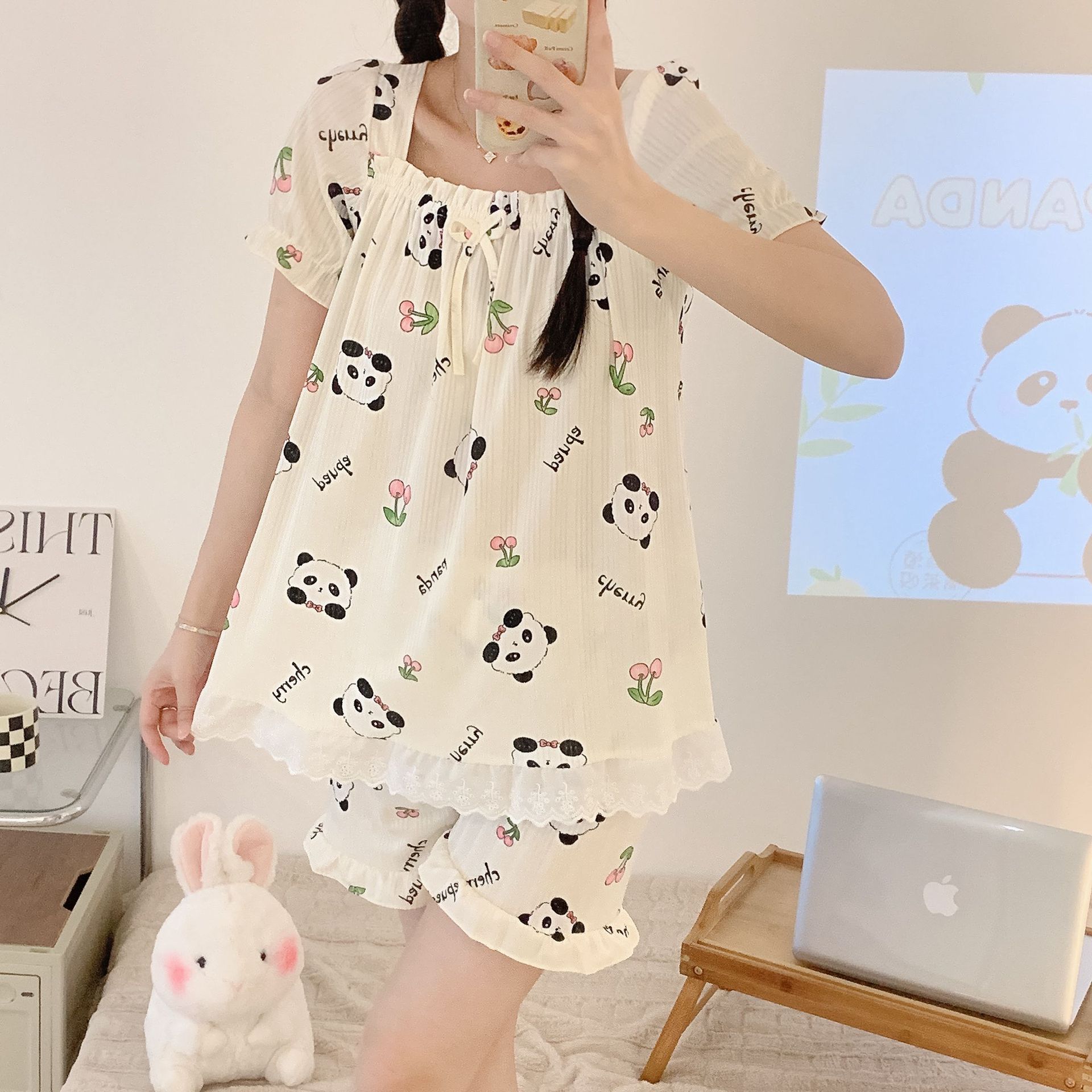 Tronos de algodón de imitación de verano al por mayor transfronterizos, pantalones cortos de manga corta con cuello de una línea, pijamas, tumba de princesa femenina, traje de dibujos animados, servicio a domicilio
