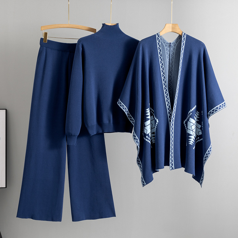 Women's Clothing loose lazy high necked sweater outer wear shawl cape coat wide leg pants three piece suit women autumn and winter_voghion.com