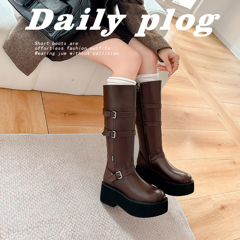 ナイトブーツ レディース 2025 秋冬新作 厚底レザー 高め プチブーツ レディース ハイブーツ アイドル フラット 替え