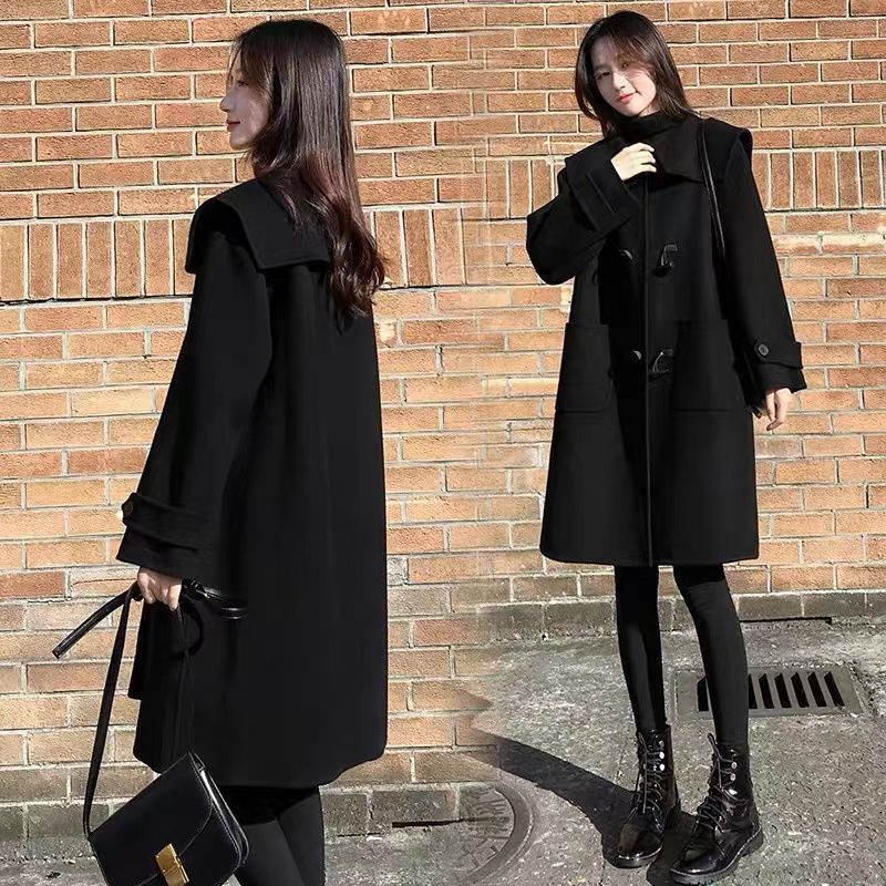 秋冬黑色中长款海军领毛呢外套女宽松大码赫本风牛角扣呢子大衣女