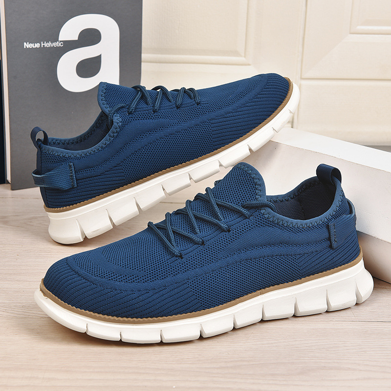 Large Size Cross-Border Men's Shoes Foreign Trade Fly-Knit Breathable Mesh Casual Shoes Low-Top Lace-Up Lightweight Men's Sports Running Shoes