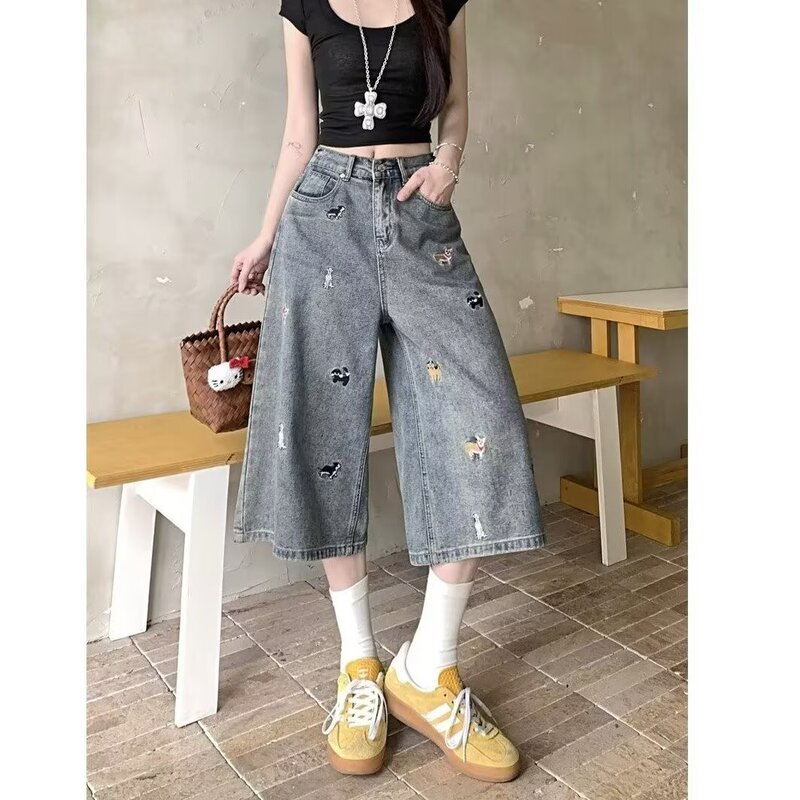 Plus Size American Style Dog Embroidery Narrow Straight Denim Cropped Pants 2025 Summer New High-End Slimming Look Shorts