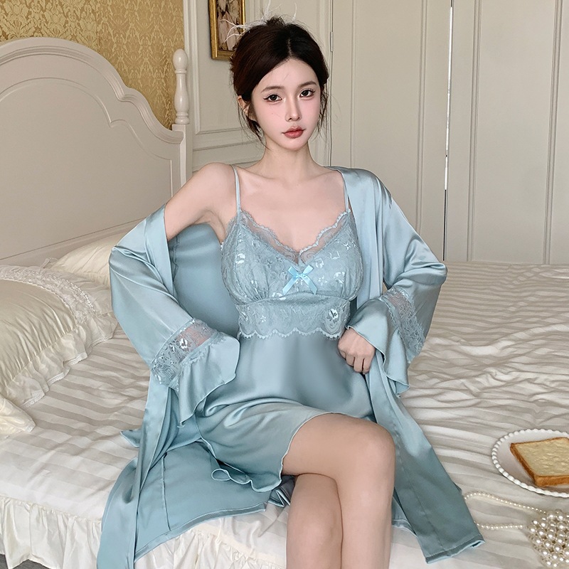 high quality French Entry Luxury Pajamas Women's Summer Pajamas Two-piece Nightgown Long-sleeved Nightgown Backless Sexy Pajamas