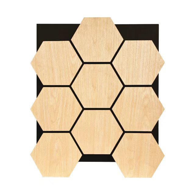 Barras de madera de poliéster rejilla tablero de absorción de sonido hexagonal tablero de absorción de sonido de forma especial pared de fondo teatro material de decoración ecológico