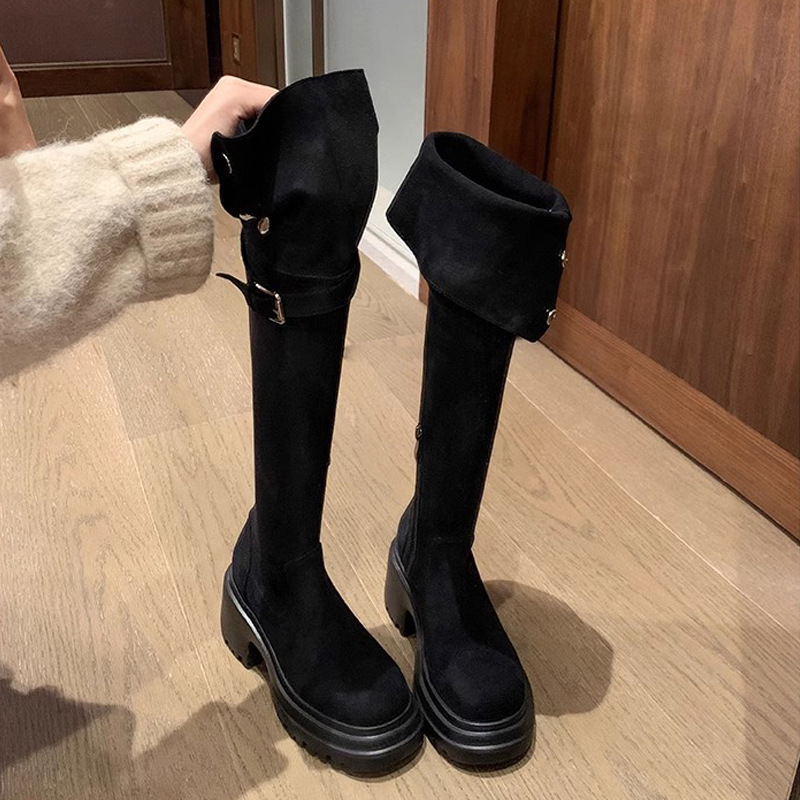 Su Yinyin mismo estilo ~ Otoño e invierno 8cm botas altas de tacón grueso de piel de cordero de suela gruesa botas delgadas elásticas por encima de la rodilla mujeres