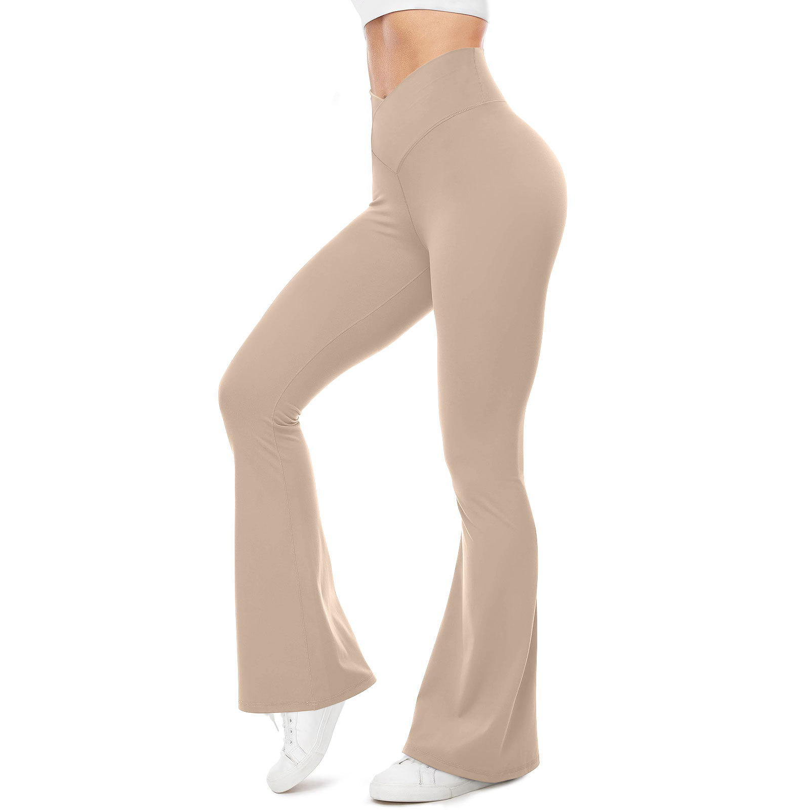 European and American 2024 Summer Amazon Women's Solid Color Cross Waist Yoga Sport Elasto Yoga Trousers