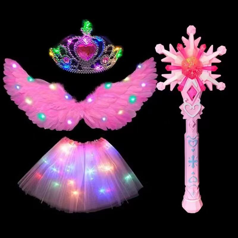 Alas de plumas luminosas Rosa + falda de luz + Corona de luz + palo de hielo y nieve