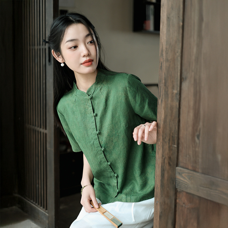 New Chinese Style Women's 2025 Summer New Printed Linen Shirt Women's Retro Style High-end Collar Women's Shirt