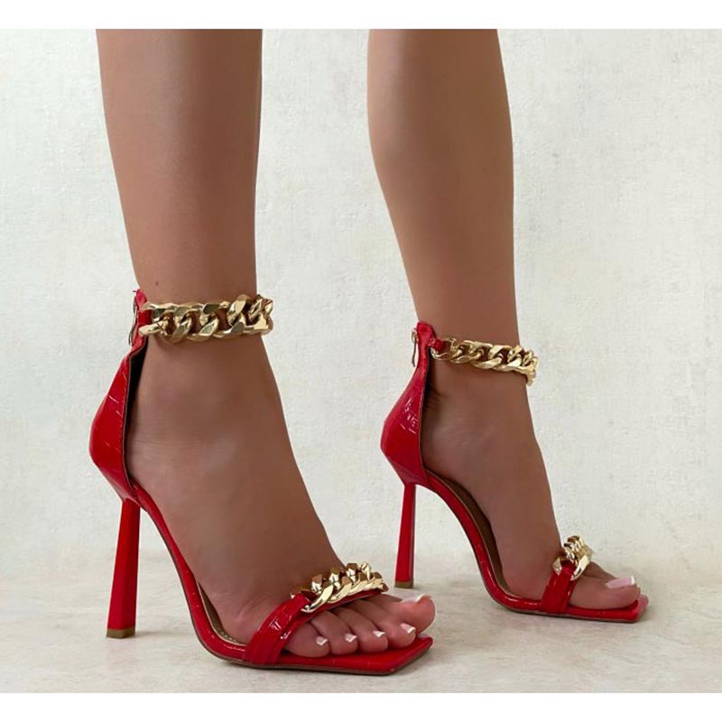 square toe pattern chain high-heeled sandals NSZLX117598