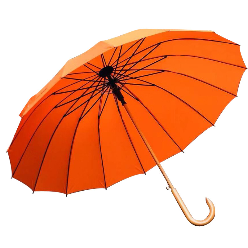 Venta al por mayor extra grande doble 16-Bone madera medio palo mango largo paraguas soleado paraguas de madera maciza mango curvo paraguas a prueba de viento Caballero publicidad de negocios