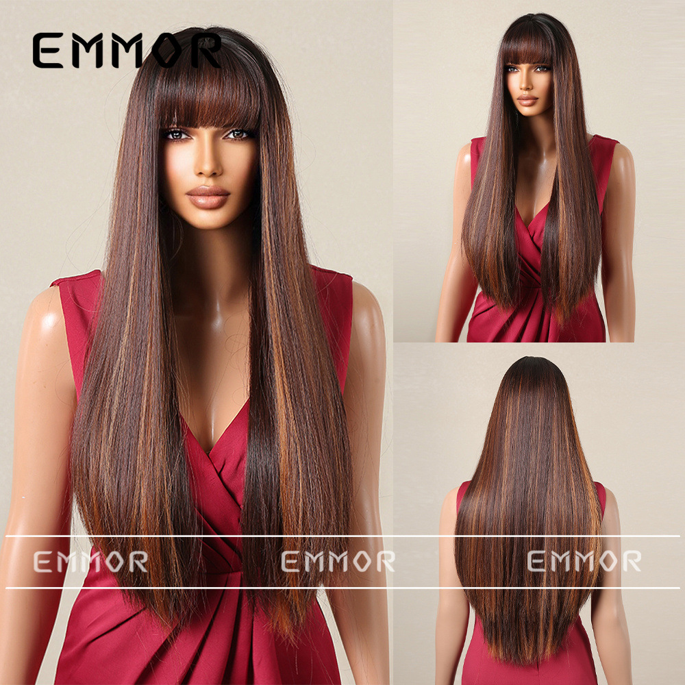 Shein nuevo europeo y americano Peluca de las mujeres de pelo largo flequillo recto pelo temperamento diosa natural moda peluca cabeza cubierta