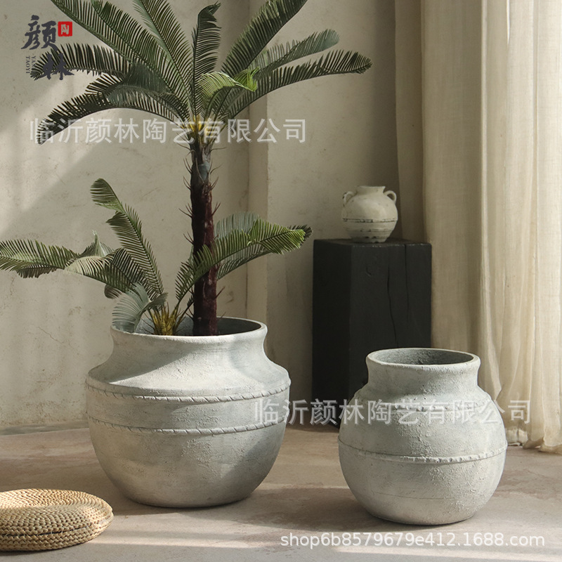 Vento tranquilo, maceta de flores redonda de gran vientre Retro hace viejos jarrones decorativos de sala de estar de hotel de alto nivel de lujo ligero gran maceta de flores de cemento