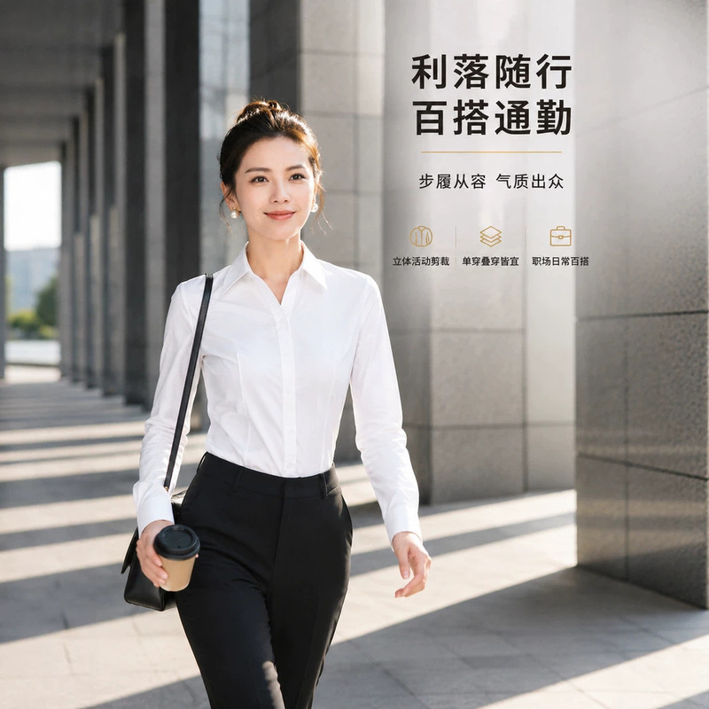 Professional women's white shirt, slim-fit inner workwear, plus-size shirt, V-neck, commuter style, long-sleeved, formal interview attire Professional women's white shirt, slim-fit inner workwear, plus-size shirt, V-neck, commuter style, long-sleeved, formal interview attire