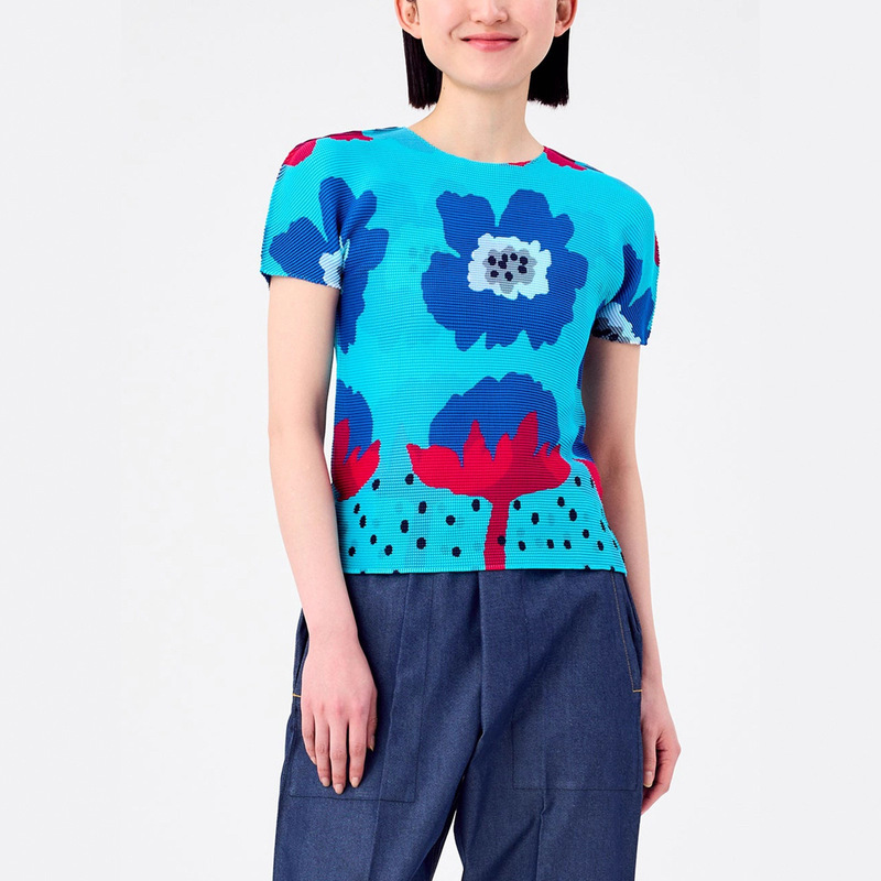Counter Same Style Short-Sleeved T-Shirt for Women Summer Thin Printed High-End Miyake Me Series Pleated Tops for Women