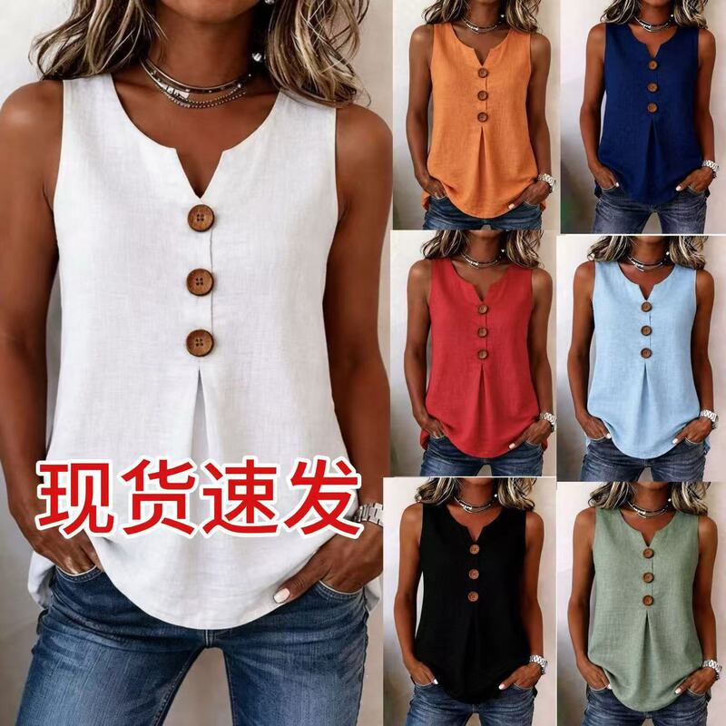 2026 European and American Cross-Border New Style V-Neck Front-Button Sleeveless Vest with Pleated Hem Loose Casual Women's Top