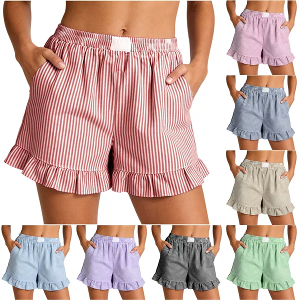 Cross-Border European and American Amazon Women's Pleated Boxer Shorts 2026 Summer Striped Casual Beach Bottoms with Pockets