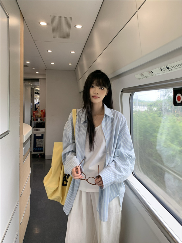 韩系松弛感廓形宽松奶蓝色条纹长袖衬衫外套上衣女春夏秋防晒衬衣|undefined