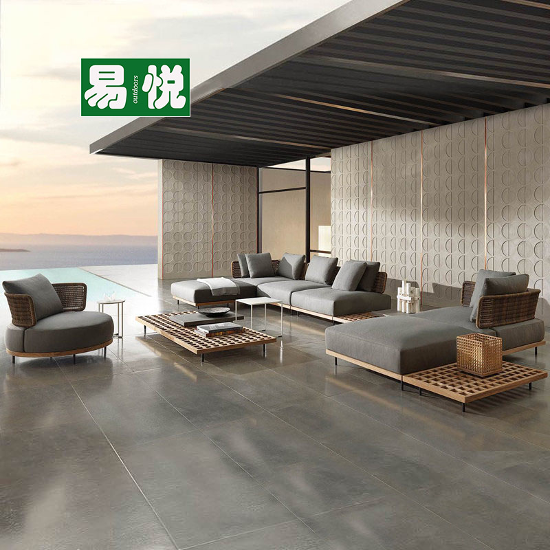 Villa ocio combinación de sillas de caña mesa de té de madera maciza al aire libre jardín patio sala modelo sofá sofá de teca al aire libre