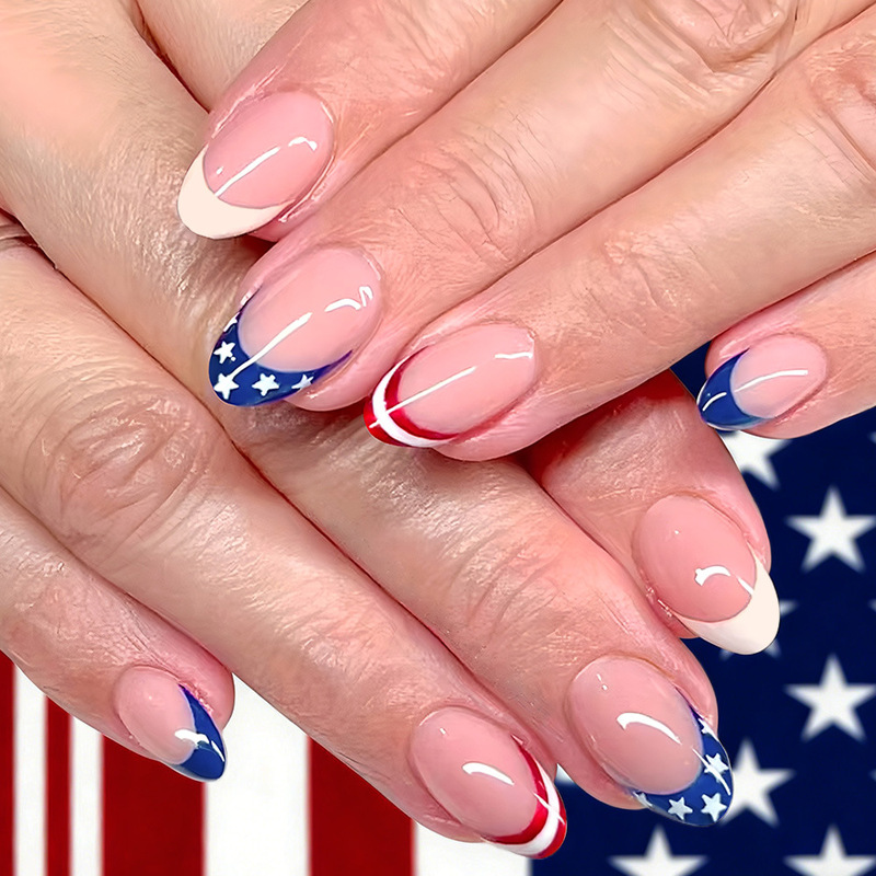 American Independence Day Red, White, and Blue French-Style Pink Translucent Almond Press-On Nails, Simple Manicure, 24-Piece Detachable Fake Nails