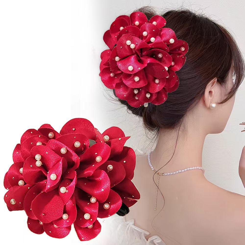 Flower Pattern Elegant Women's Flower Cloth Pearl Hair Claws