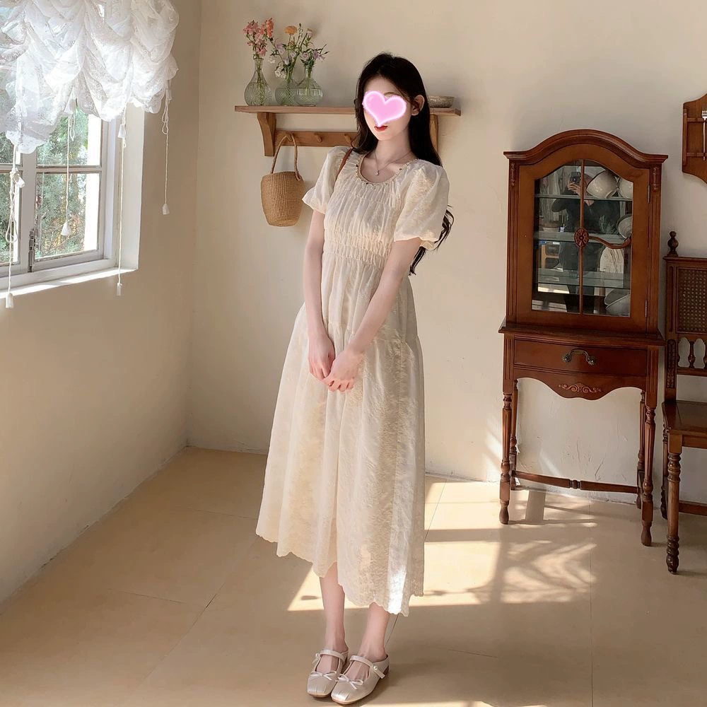 2025 новое летнее свободное платье с короткими рукавами для женщин, свежая юбка средней длины с инкрустацией бриллиантами, юбка для похудения, милая