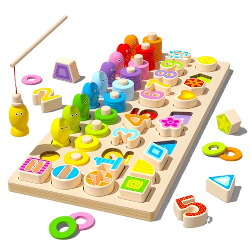 Wooden balls wooden children's educational development logarithmic board cartoon color fishing game wooden hand-grabbing three-dimensional puzzle