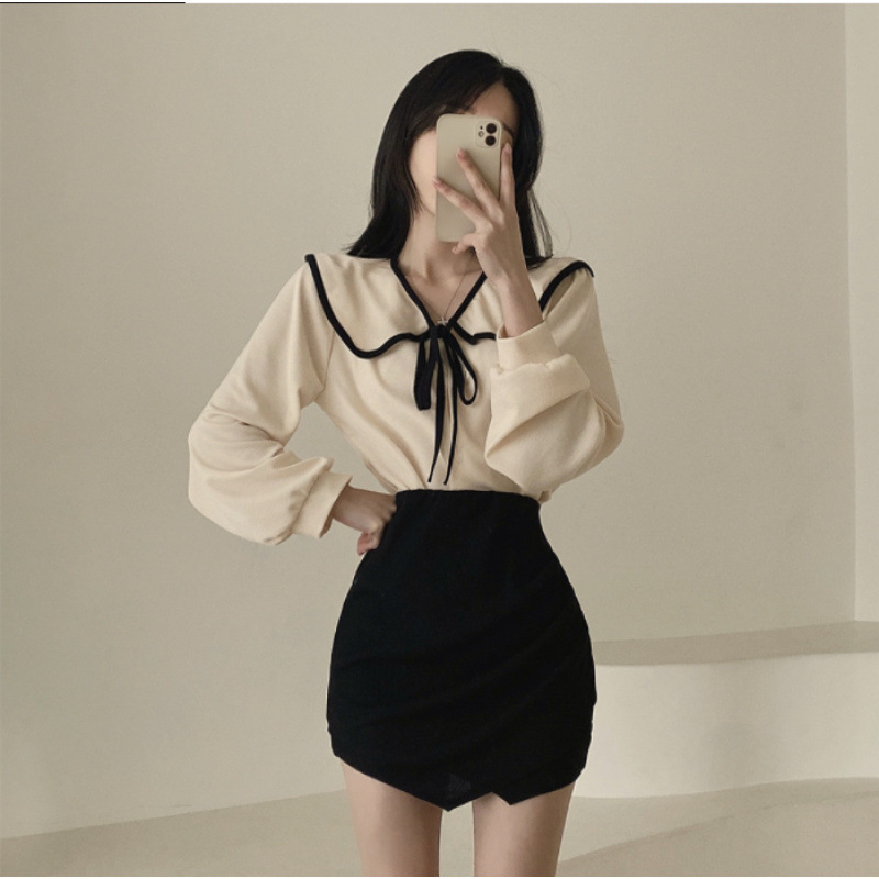 한국 CHIC2024 초기 봄 새로운 디자인 시대를 줄이는 젠틀 보우 레이스 업 인형 칼라 셔츠 탑