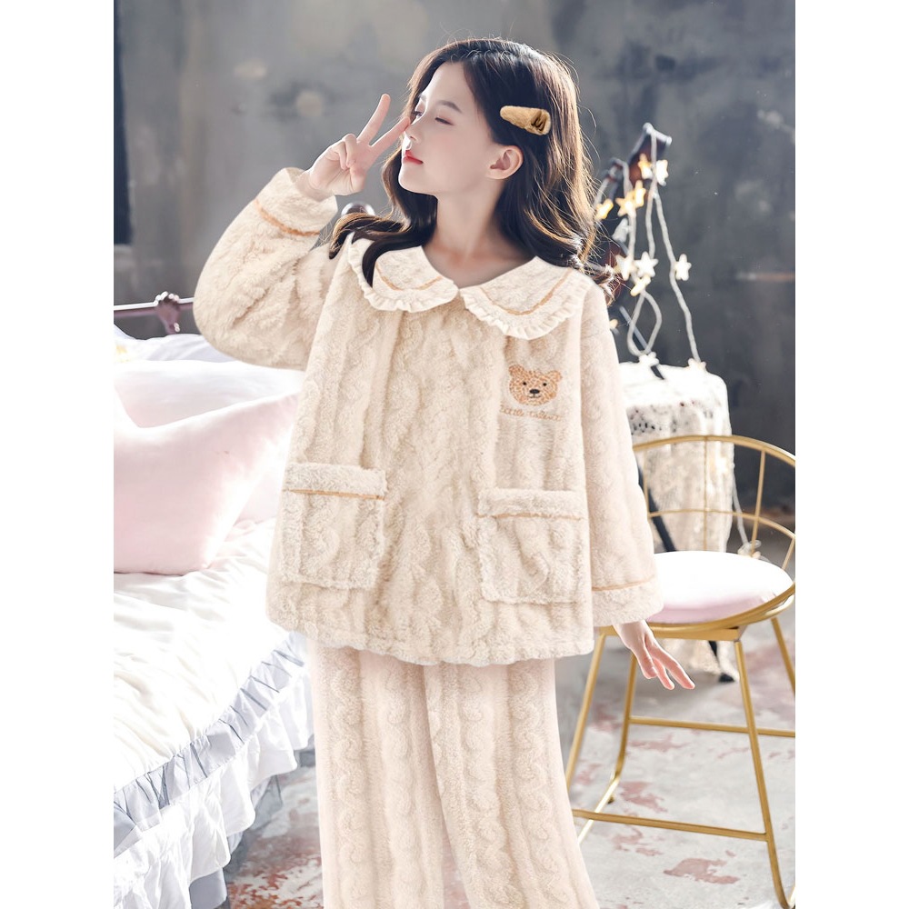2026 Girls Pajamas Autumn and Winter Coral Fleece 2026 New Plus Velvet Flannel Casual Home Clothes Winter Year of the Horse