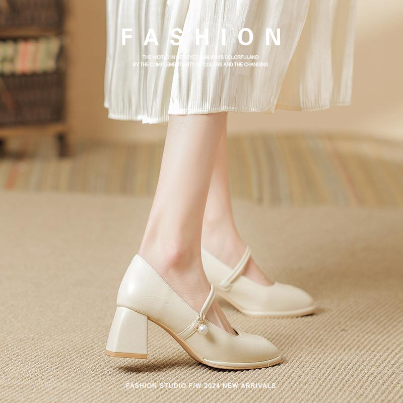 Shallow Mouth Women's Shoes Slip-on Leather Soft with Group of Small Chanel Style Centimeter High Heel Pearl Square Head Mary Jane Shoes 5 Thick