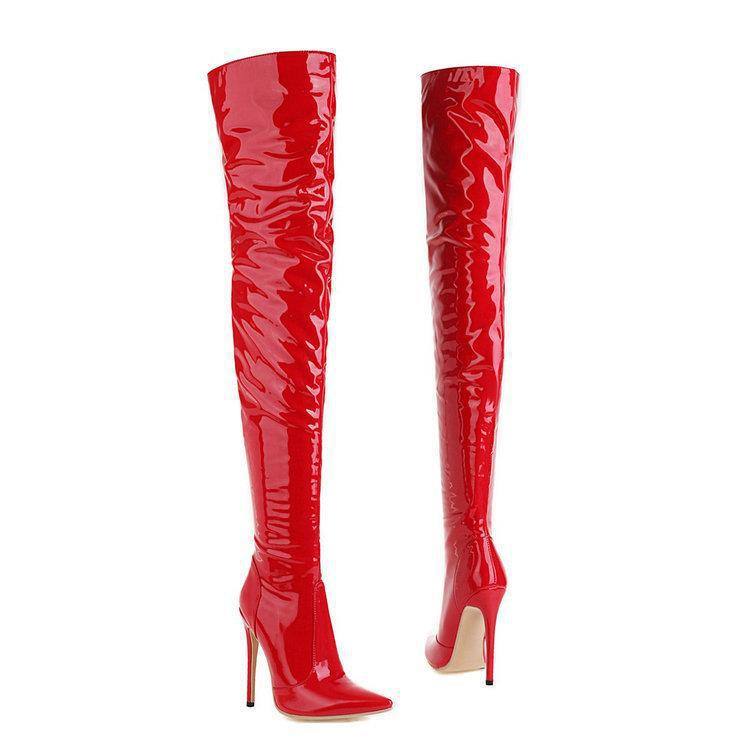 Over the knee boots Women's Red boots Shiny patent leather thigh-high boots Sexy Thigh boots pointy heels_voghion.com
