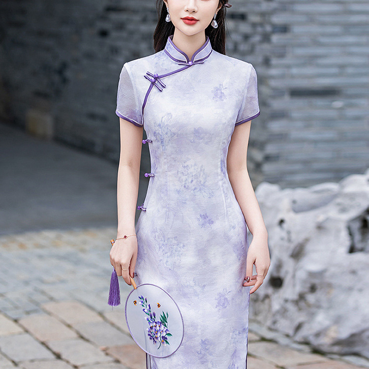 2026 New Summer Purple Daily Improved Cheongsam Dress, New Chinese Style, Slim Fit, Flattering, Long Style for Young Mothers