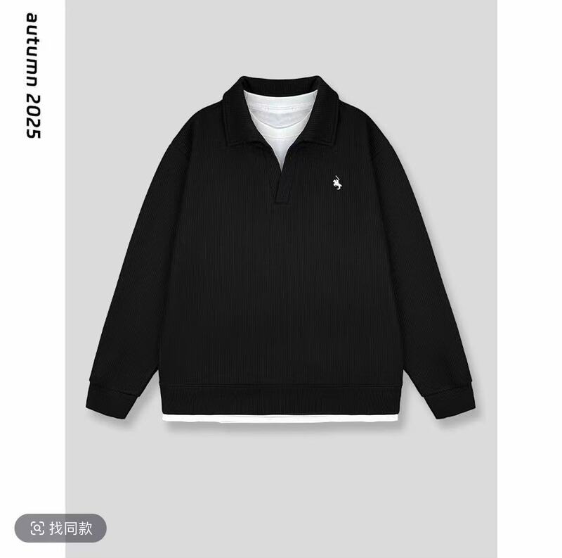 秋季高品质拼接假两件图案刺绣翻领卫衣设计感潮流百搭翻领卫衣|undefined