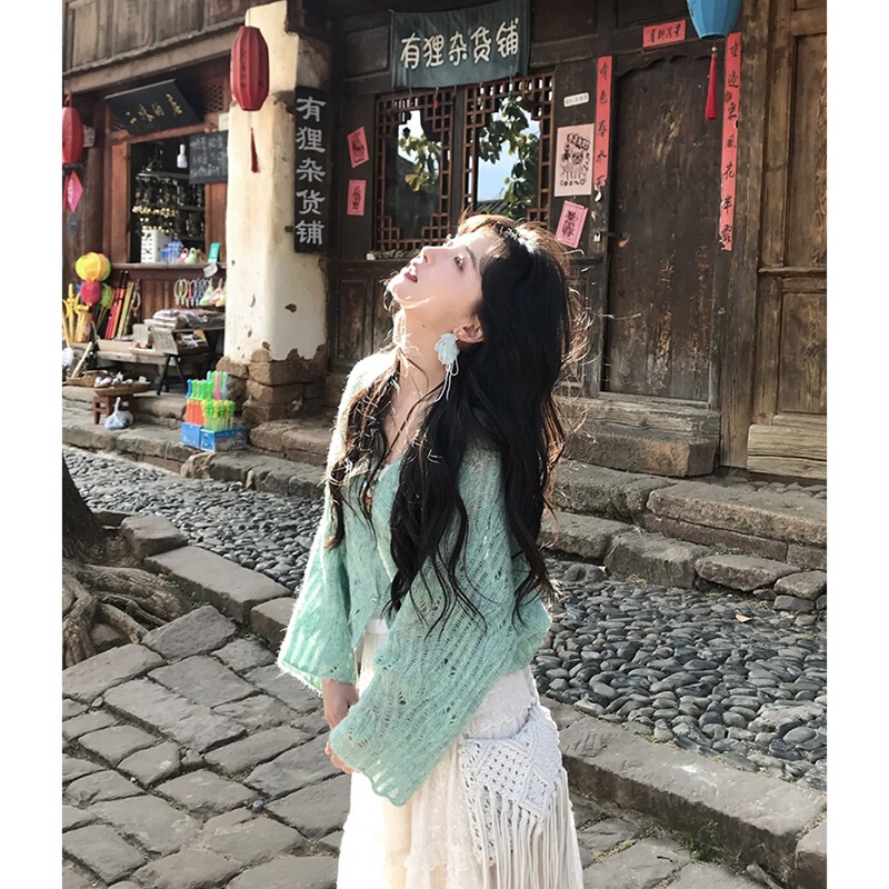 Mohair Vacation Style Sweater Cut Out Needle Cardigan Women's Design Lazy Style Loose Outer Top Sweater Jacket