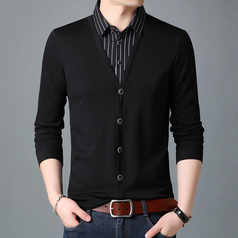 Men's Shirt Collar Faux Two-Piece Striped Long-Sleeve Slim-Fit Base T-Shirt 6300 Series Youth Patchwork
