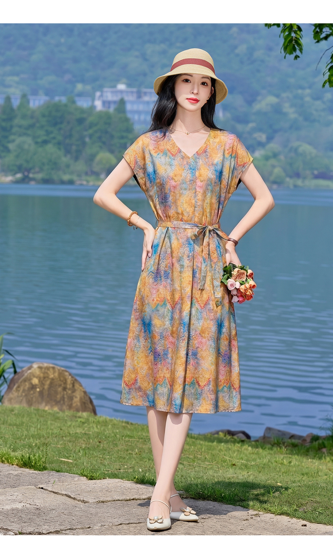 Đầm maxi nữ V cổ thắt eo họa tiết hoa nhí — xanh lam, màu vàng, màu đỏ chi tiết 17