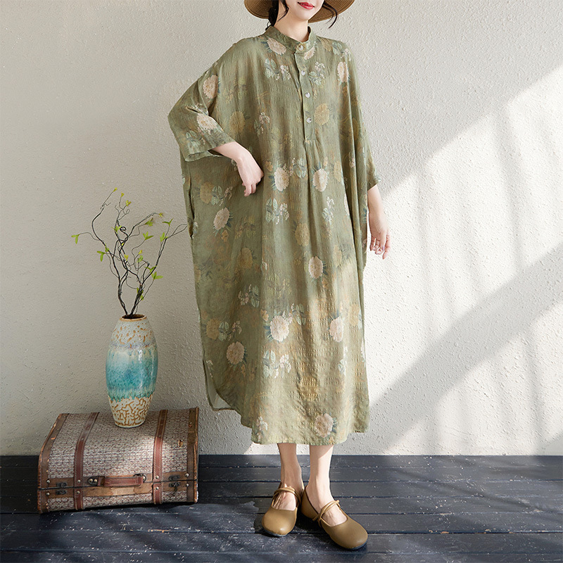 Foreign Trade plus size Spring and Summer New Artistic Temperament Retro Cotton and Linen Printing Collar Loose Super Long Holiday dress