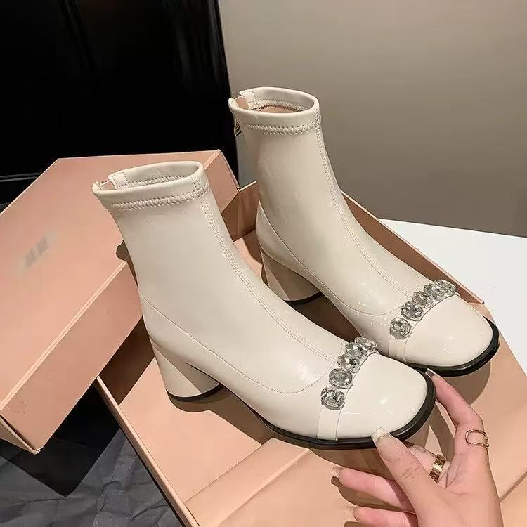 In-Stock Luxury Miu Rhinestone~ French Round-Toe Chunky Heel Casual Versatile Stretch Slim Boots Autumn and Winter High-Heeled Short Boots