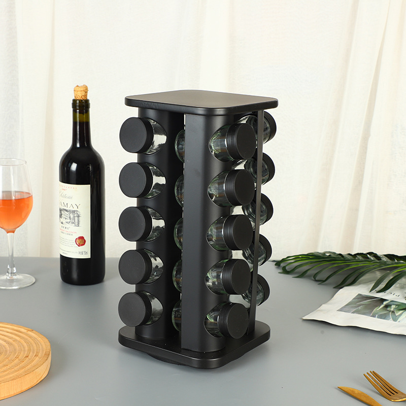 Acero inoxidable transfronterizo rotativo estante de botellas de condimento estante de almacenamiento de especias de cocina negra estante de condimento simple multifuncional
